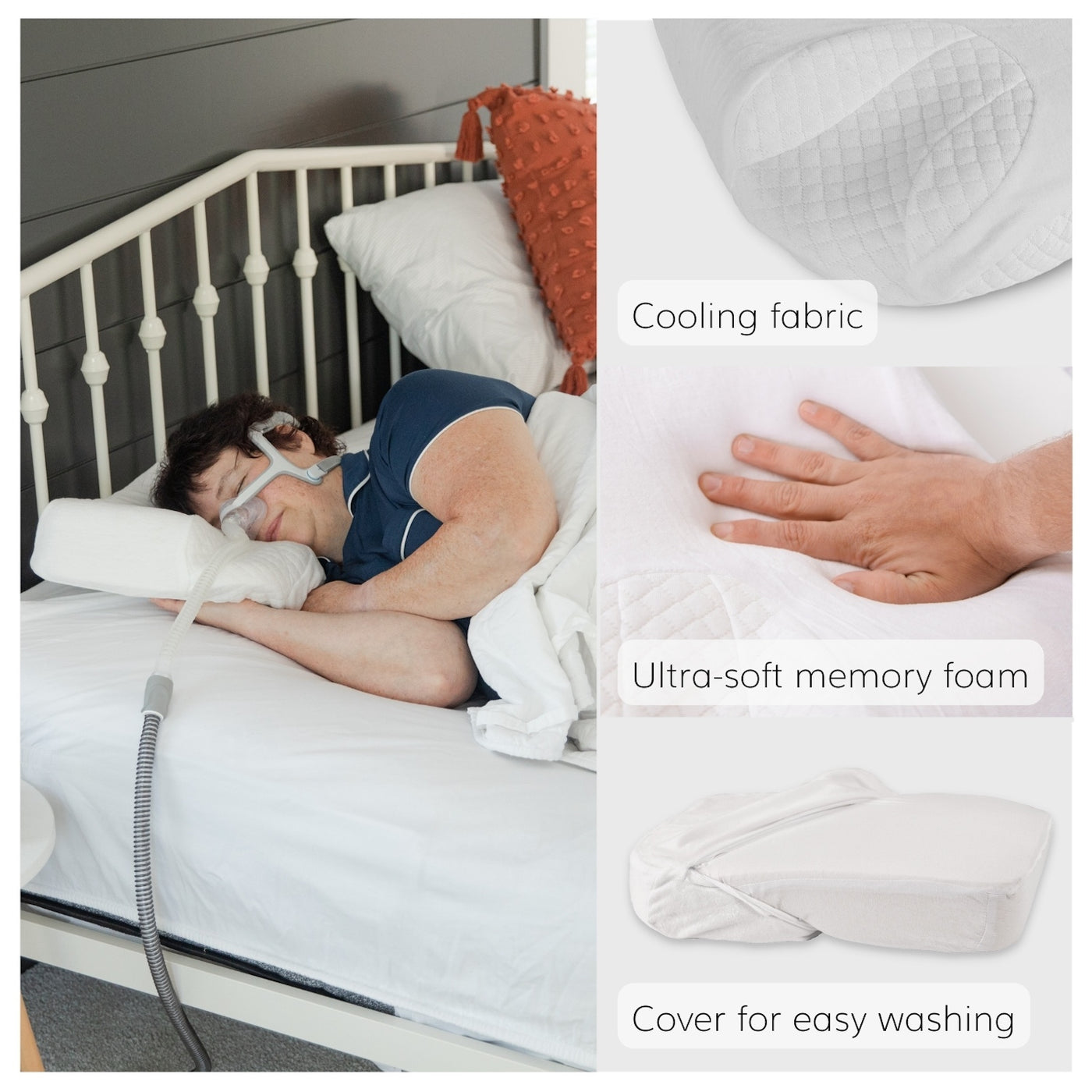 Our memory foam CPAP pillow has a machine washable cooling cover for easy washing