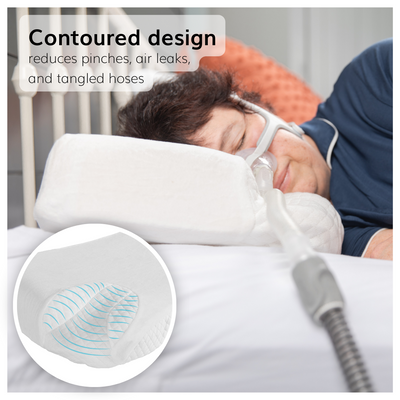 Our contoured CPAP pillow prevents pinches, air leaks and tangled hoses