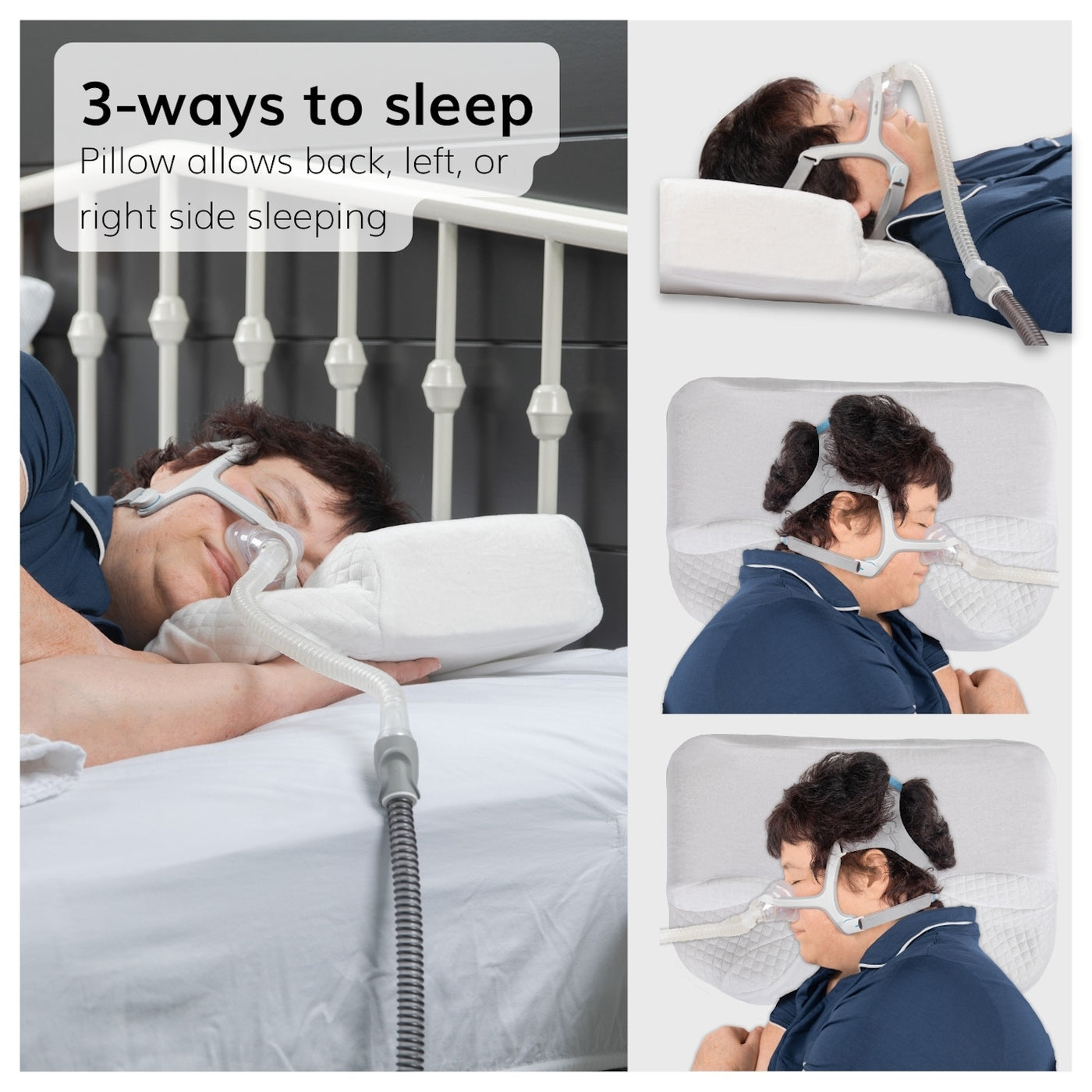 The BraceAbility wedged sleep apena pillow allows you to sleep on your back, left, or right side with a mask on