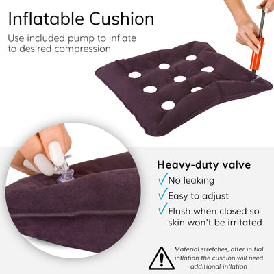 The seat cushion has a hand pump to inflate the sore butt pad