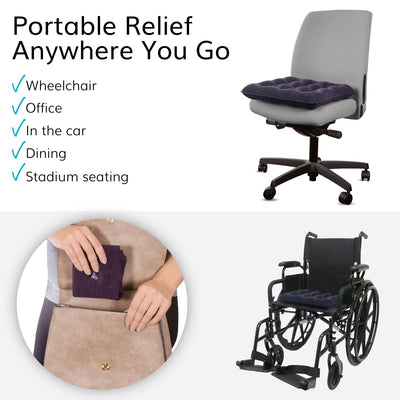 The pressure relief cushion is portable so it can be used in an office chair, wheel chair and in the car