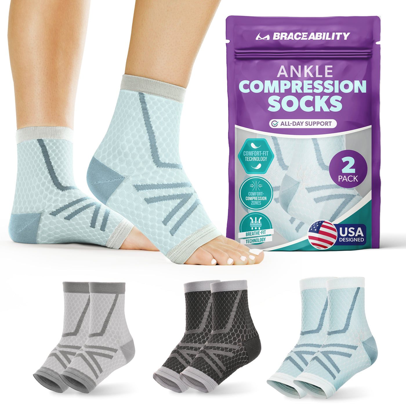 Ankle compression socks with packaging and additional pairs displayed.