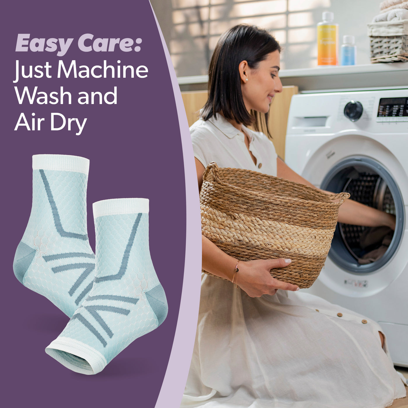 Care instructions for womens ankle compression socks including machine wash cold, use of mild detergent, and air dry for best results