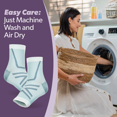 Care instructions for womens ankle compression socks including machine wash cold, use of mild detergent, and air dry for best results