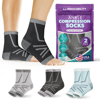 Ankle compression socks with packaging and additional socks displayed below on a white background