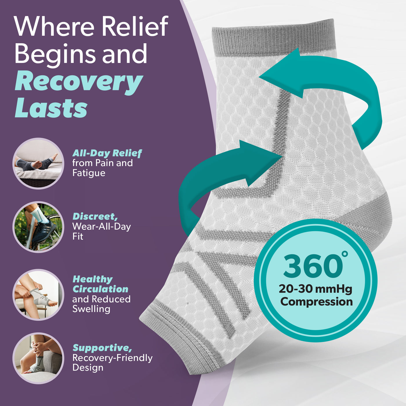 Mens ankle compression socks providing all-day relief from heel, arch, and ankle pain with 360-degree compression for swelling and fatigue