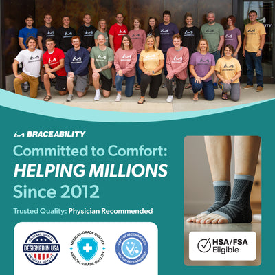BraceAbility ankle compression socks for swelling backed by a trusted medical team, designed in the USA, FSA/HSA eligible, and recommended by doctors