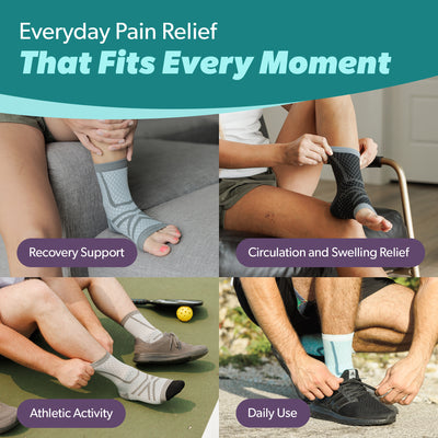 Socks for swollen ankles and feet designed for everyday movement, featuring a sleek fit, easy on-and-off design, and unisex sizes; FSA and HSA eligible