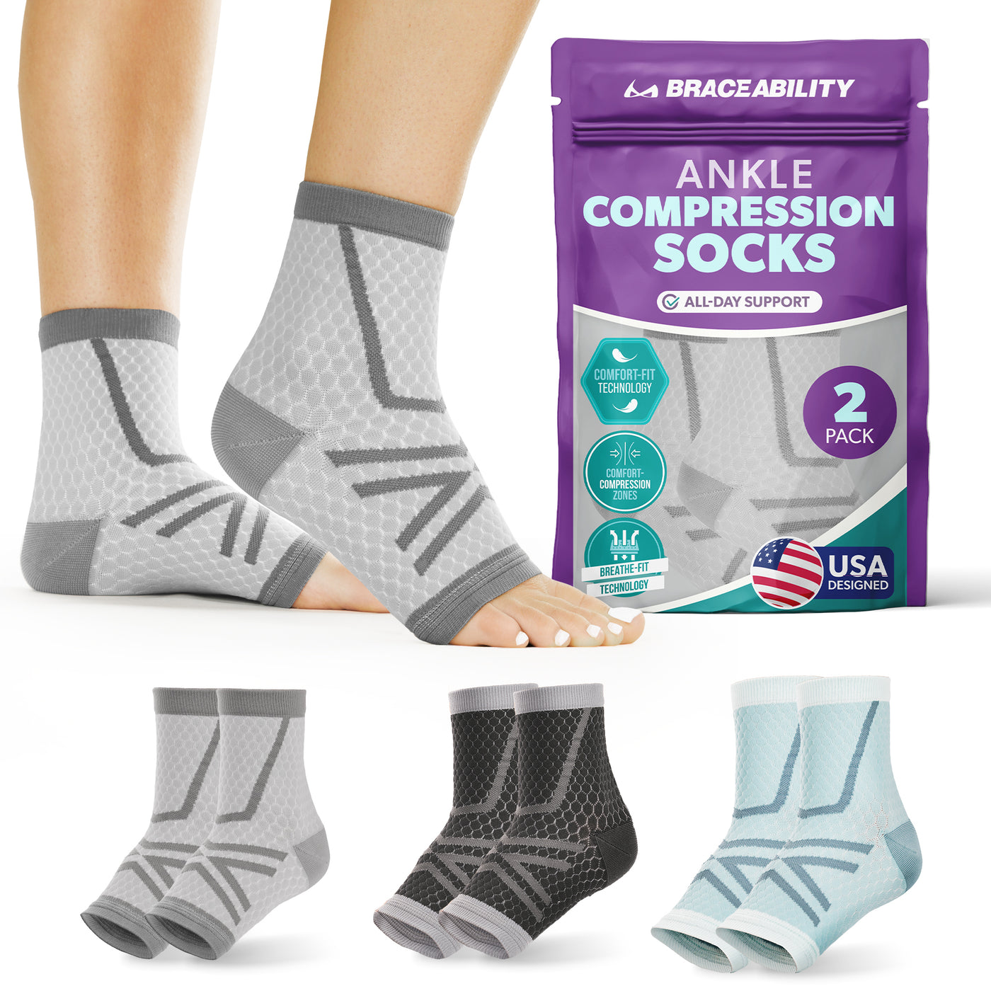 Ankle compression socks with packaging and additional pairs displayed below on a white background.