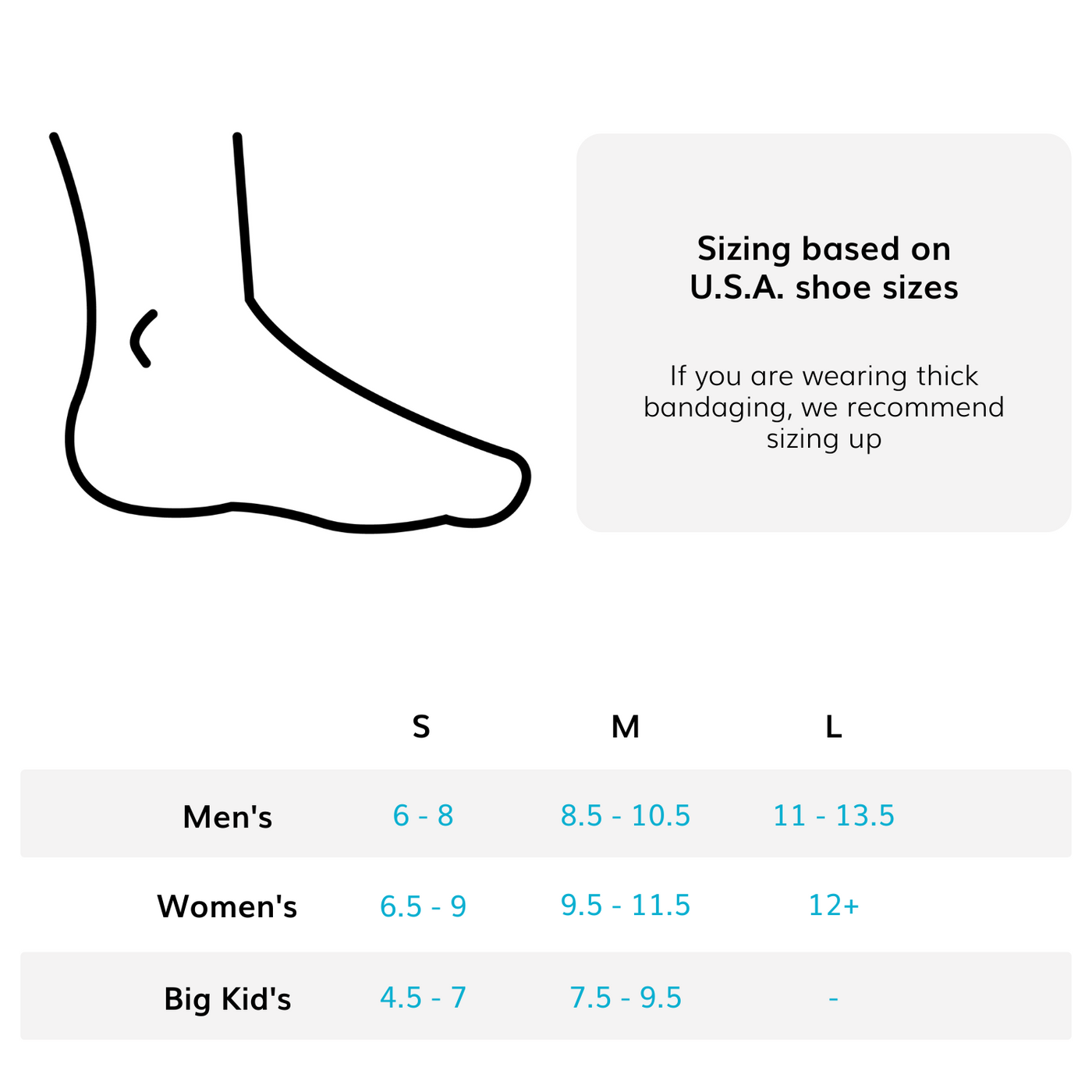 The sizing chart for the tall air walking boot comes in 3 sizes from size 6 up to size 13 US Shoe Size