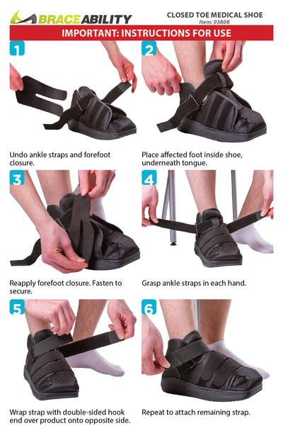 How to put on the closed toe medical shoe instruction sheet