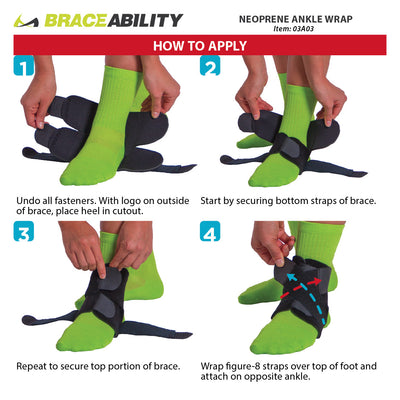 instruction sheet for waterproof ankle brace wrapping the foot strap, then the ankle strap. The fasten the right figure 8 strap by wrapping it under your heel. Finish by wrapping the figure 8 strap on the right size.