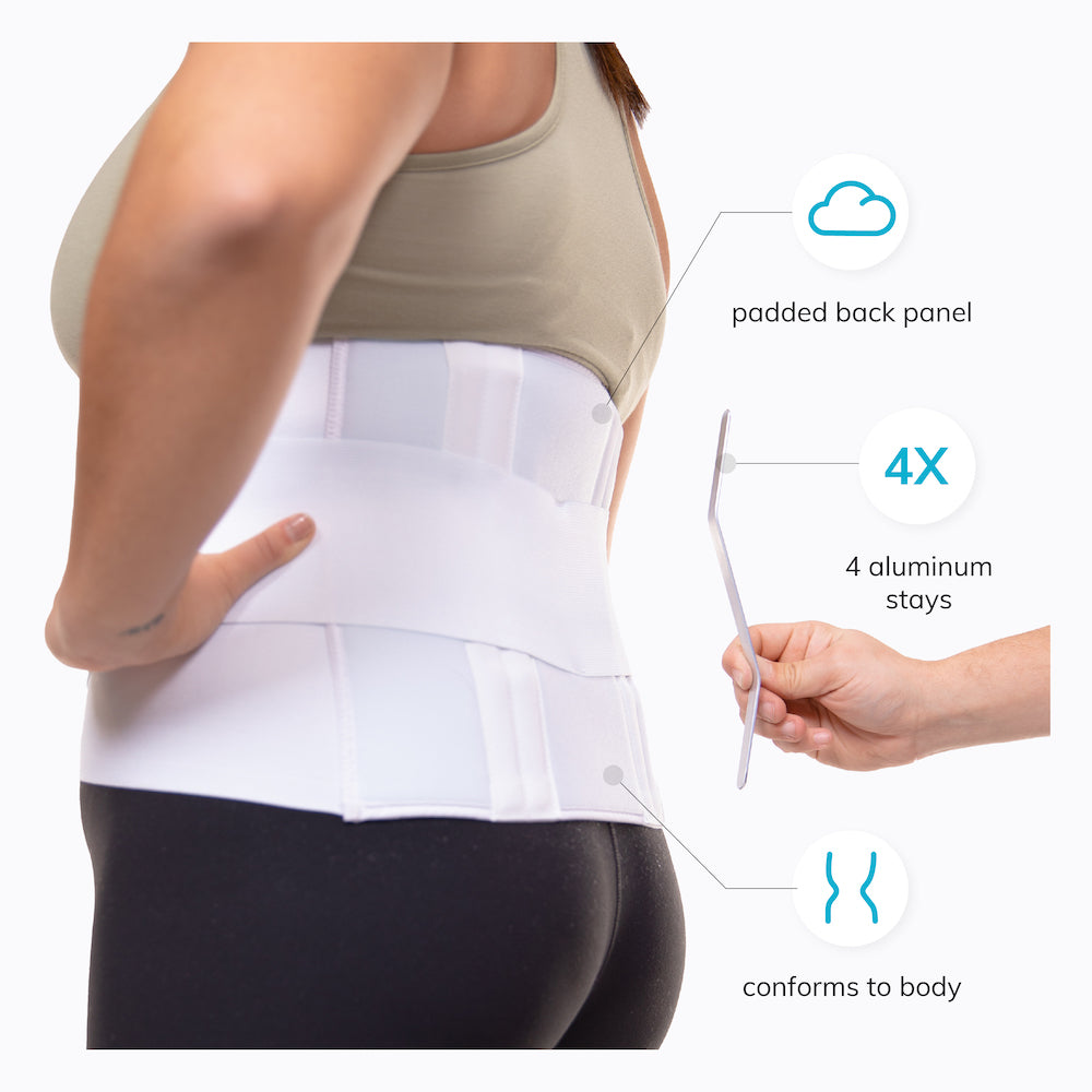 The lower back pain brace for degenerative disc disease has 4 aluminum stays that prevent the padded back brace from rolling down while wearing
