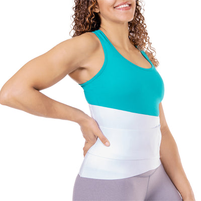 the BraceAbility lower back pain brace is a white wraparound lumbar support