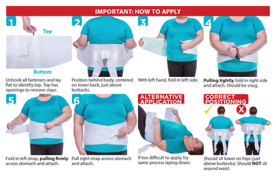 the instruction sheet for the lower back pain brace is a simple wrap around application