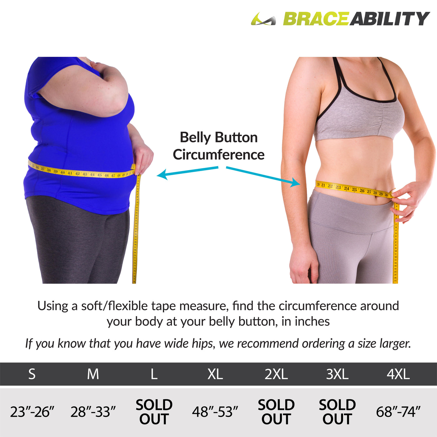 The sizing on the bariatric back brace comes in 4 sizes. Measure around your body at the widest point.