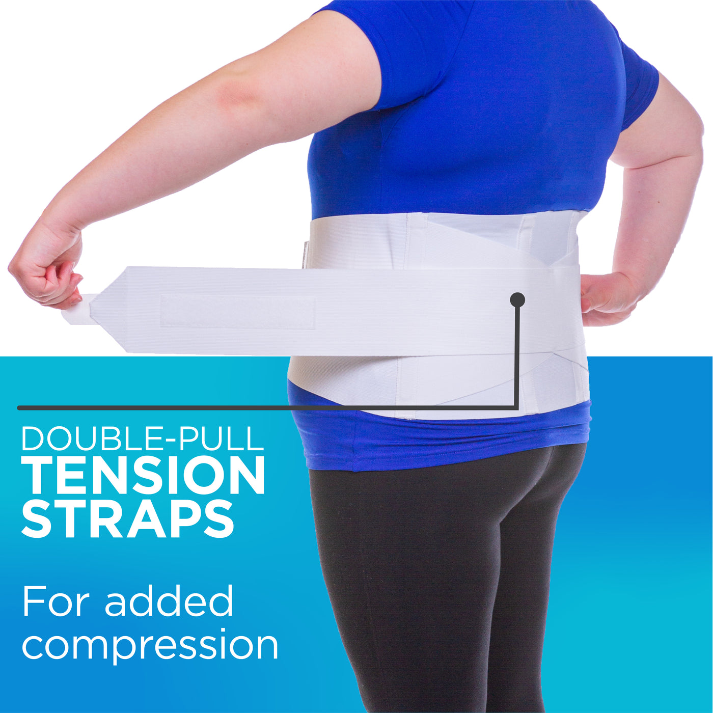 Double-pull elastic tension straps on the oversized lower back brace allow for more compression