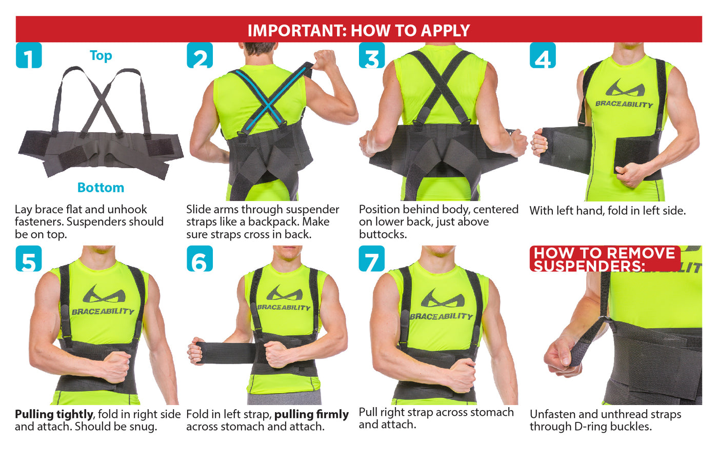 How to put on the back support for work instruction sheet. Start by putting on suspenders like a backpack, adjust waist band, then cinch tension straps