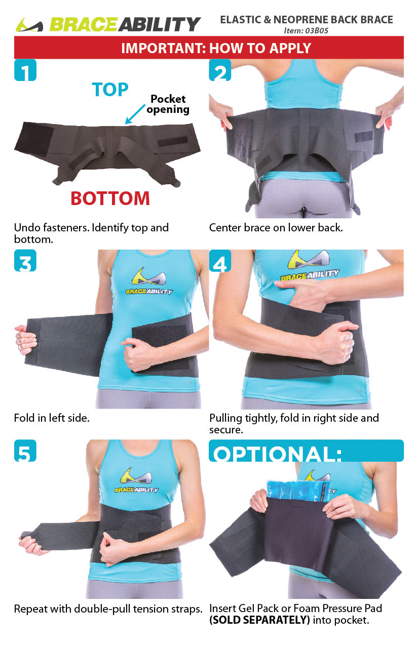 the instruction sheet for our nighttime back pain brace starts by centering the brace behind your back. Wrap in left side of brace. Follow by folding in right side and attaching the Velcro. Repeat this for double-pull tension straps.