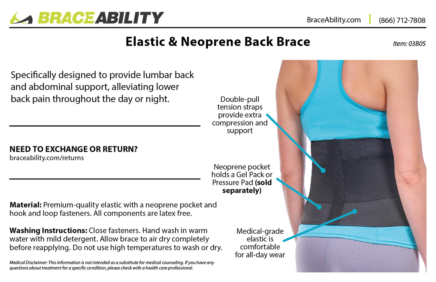 Braceability Sleeping Back Brace | Comfortable Nighttime and Sitting Lumbar Elastic Compression Neoprene Support - S/M