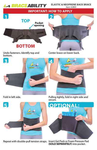 to apply the elastic back brace, wrap the inner straps around waist, repeat with double-pull tension straps