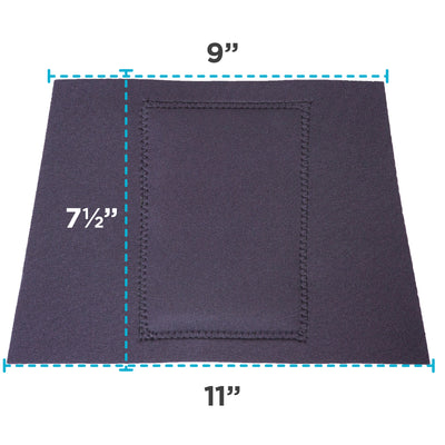 The padded back brace sizing chart is one size fits most measuring 11 inches wide and 7 inches tall