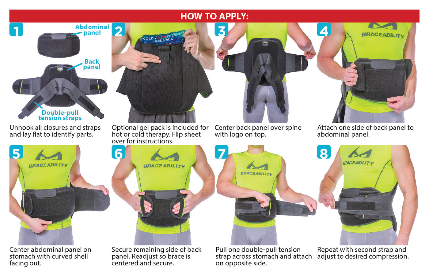 How to put on the spine support LSO back brace instruction sheet