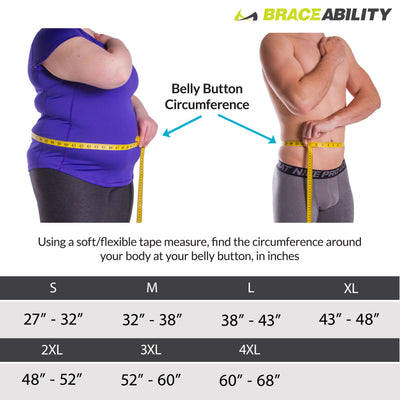Sizing chart for sciatica back brace -  measure the circumference around your belly button. XS-4XL fits 27" - 68" circumferences