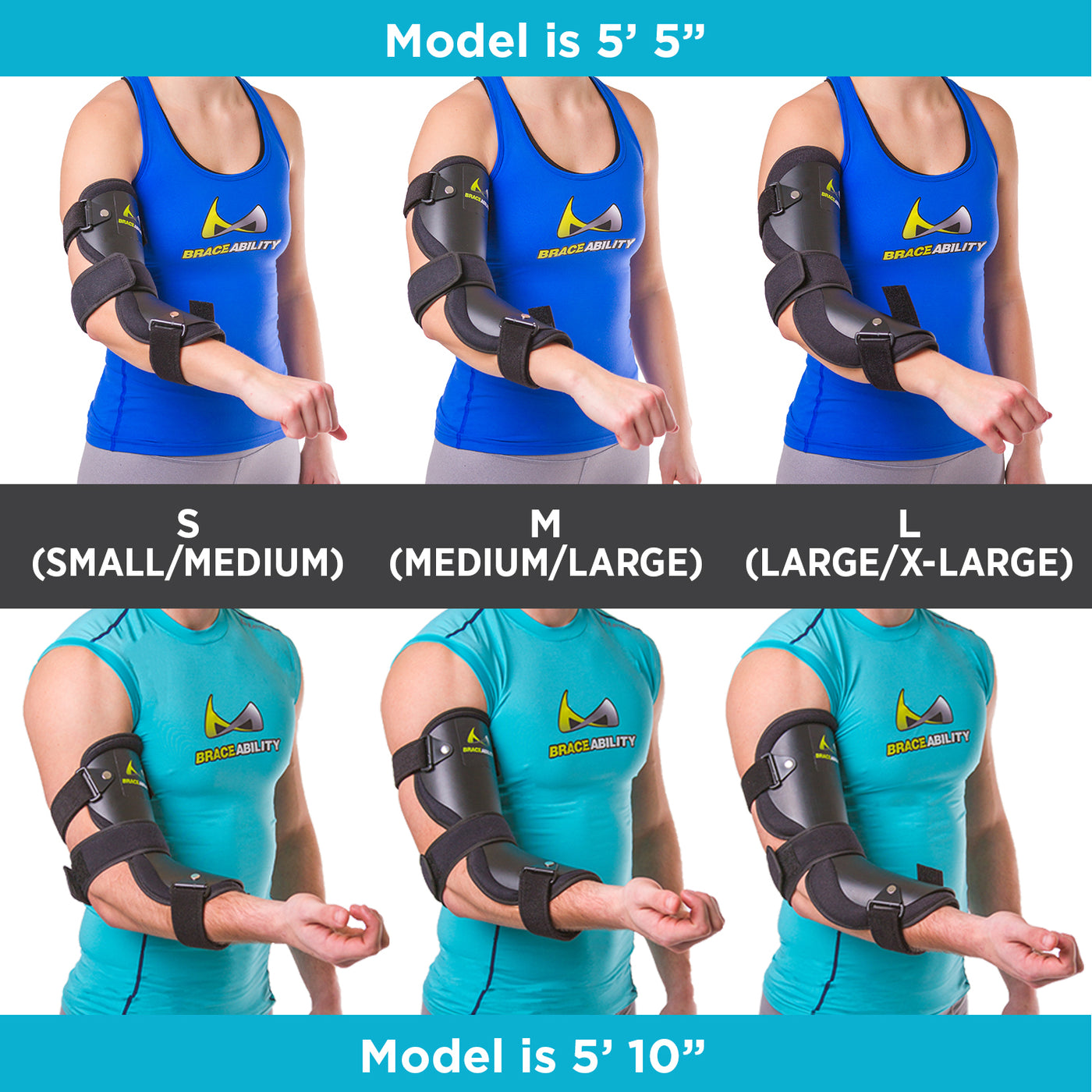 The three different lengths of cubital tunnel brace fit differently on different size body frames