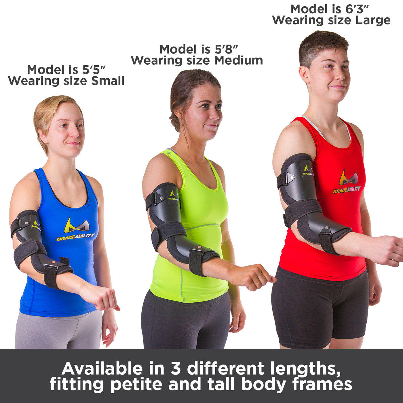 Available in three different lengths, the cubital tunnel elbow brace fits both petite and tall body frames
