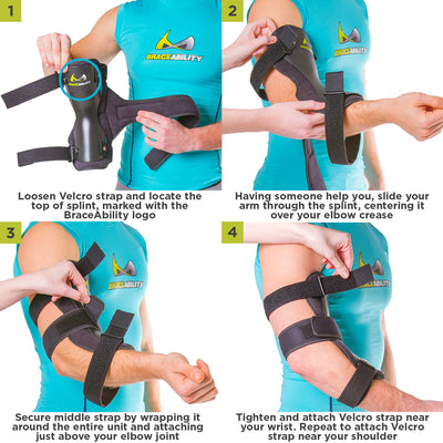 To put on the cubital tunnel brace slide your arm through the straps, resting the shell on your inner elbow. Then wrap the straps to desired fit. 