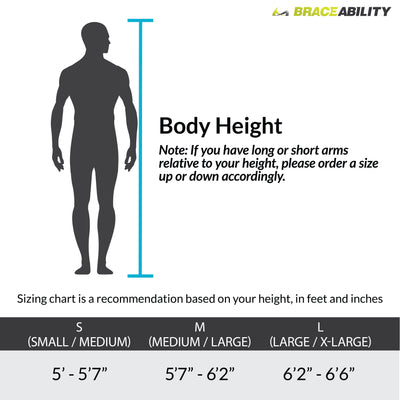 Sizing chart on the cubital tunnel syndrome brace - measure your height in inches. Small fits 5' 5'7", medium fits 5'7"-6'2" and large fits 6'2"-6'8"
