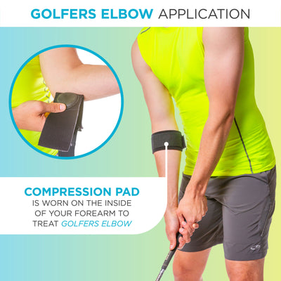 To treat golfers elbow, apply the compression pad on the counterforce brace to the inside of your forearm