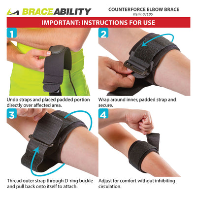 The instruction sheet for the counterforce elbow brace shows applying the compression pad to the effected elbow for pain relief to tennis and golfers elbow