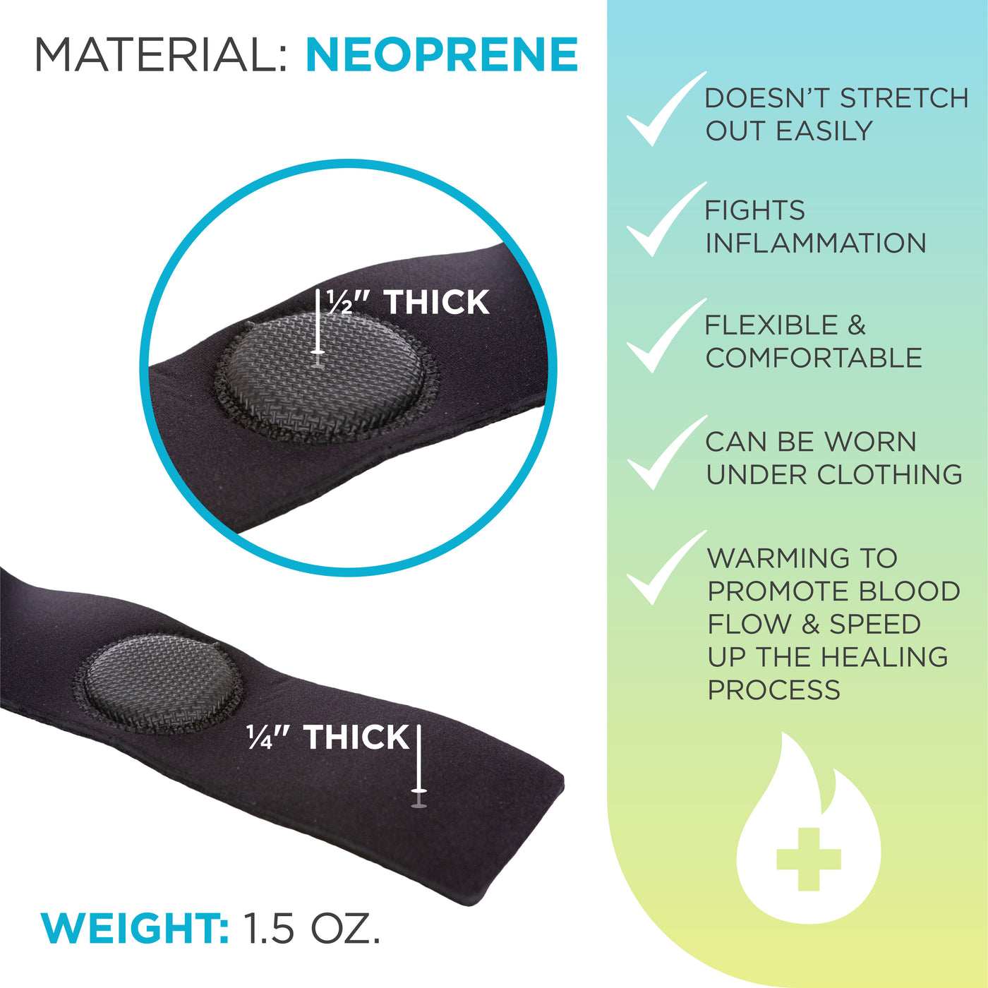 The black neoprene tennis elbow strap is made with high-quality fabric that has a one half inch compression pad