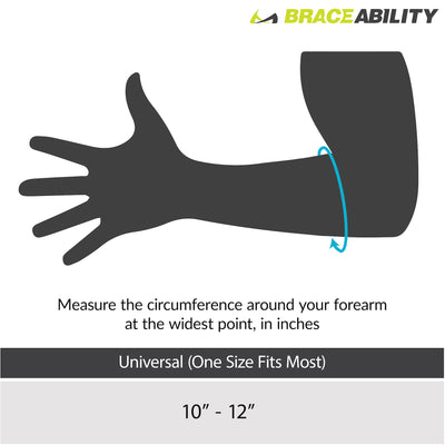 Sizing chart for lateral or medial epicondylitis brace fits forearm circumferences up to 12 inches