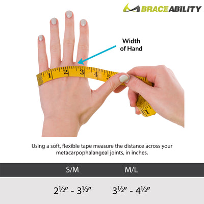 Sizing chart for ulnar drift hand splint. Available in sizes S/m and M/L.