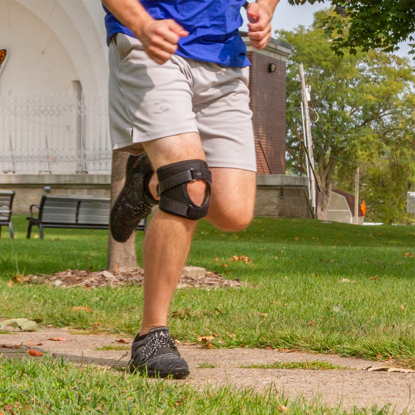 our short black knee brace has a patella stabilizer that makes running comfortable