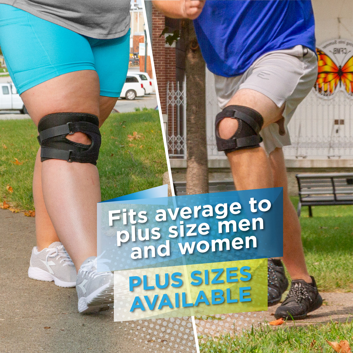 The plus size xxl patella tracking knee brace fits average to plus size men and women
