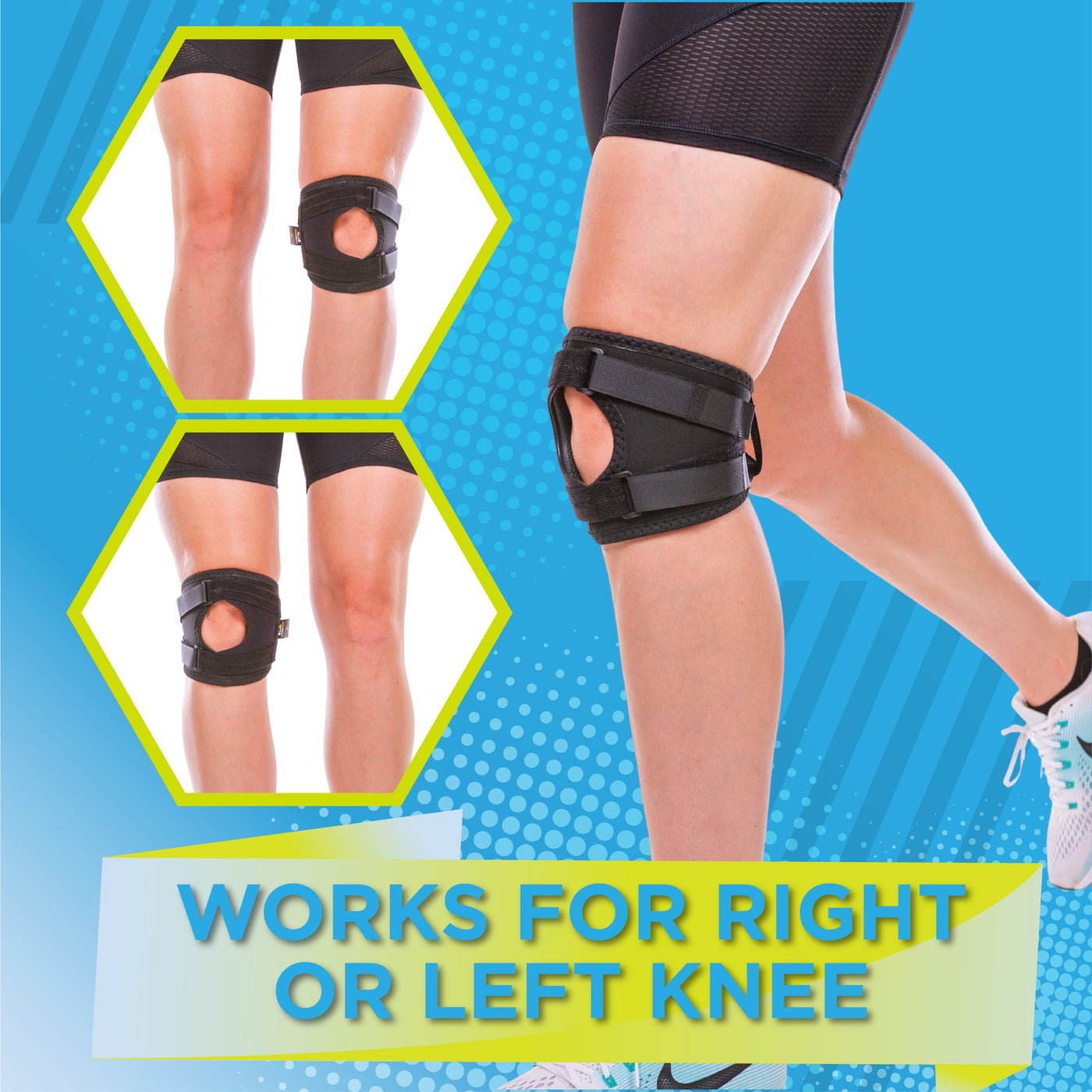 The running knee brace for loose kneecaps works for right or left knee pain