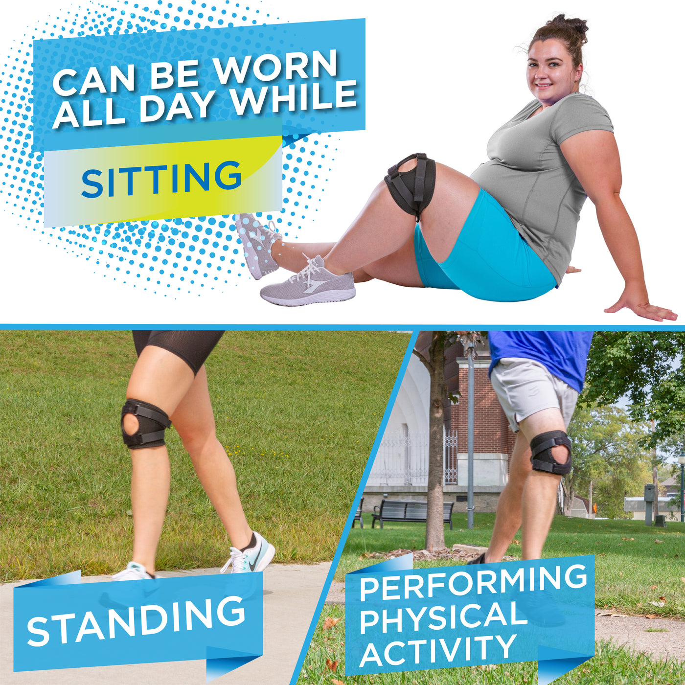 The running knee support can be worn all day while sitting, standing, and performing activities