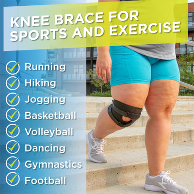 the short knee brace for sports and exercise supports kneecap when hiking, jogging, and gymnastics