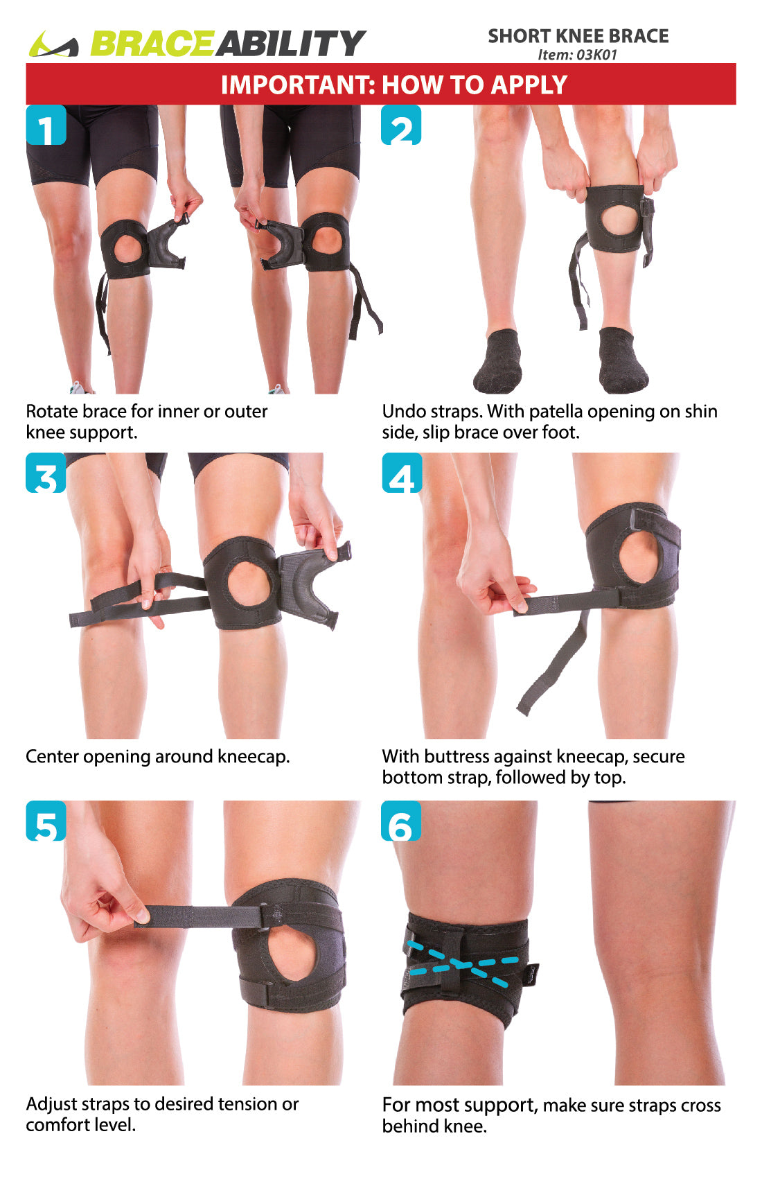 The short knee brace instruction sheet is a sleeve style base with two adjustable straps for patella tension
