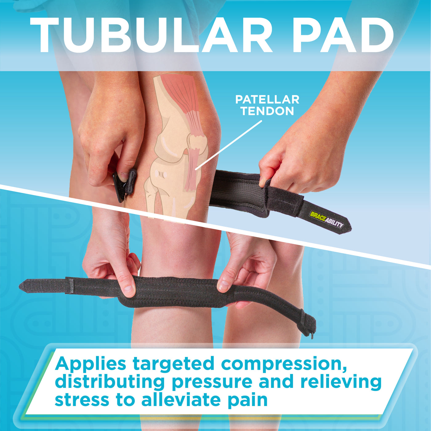 Tubular pad on the knee brace for osgood-schlatter applies targeted compression to the knee, distributing pressure and relieving stress to alleviate pain