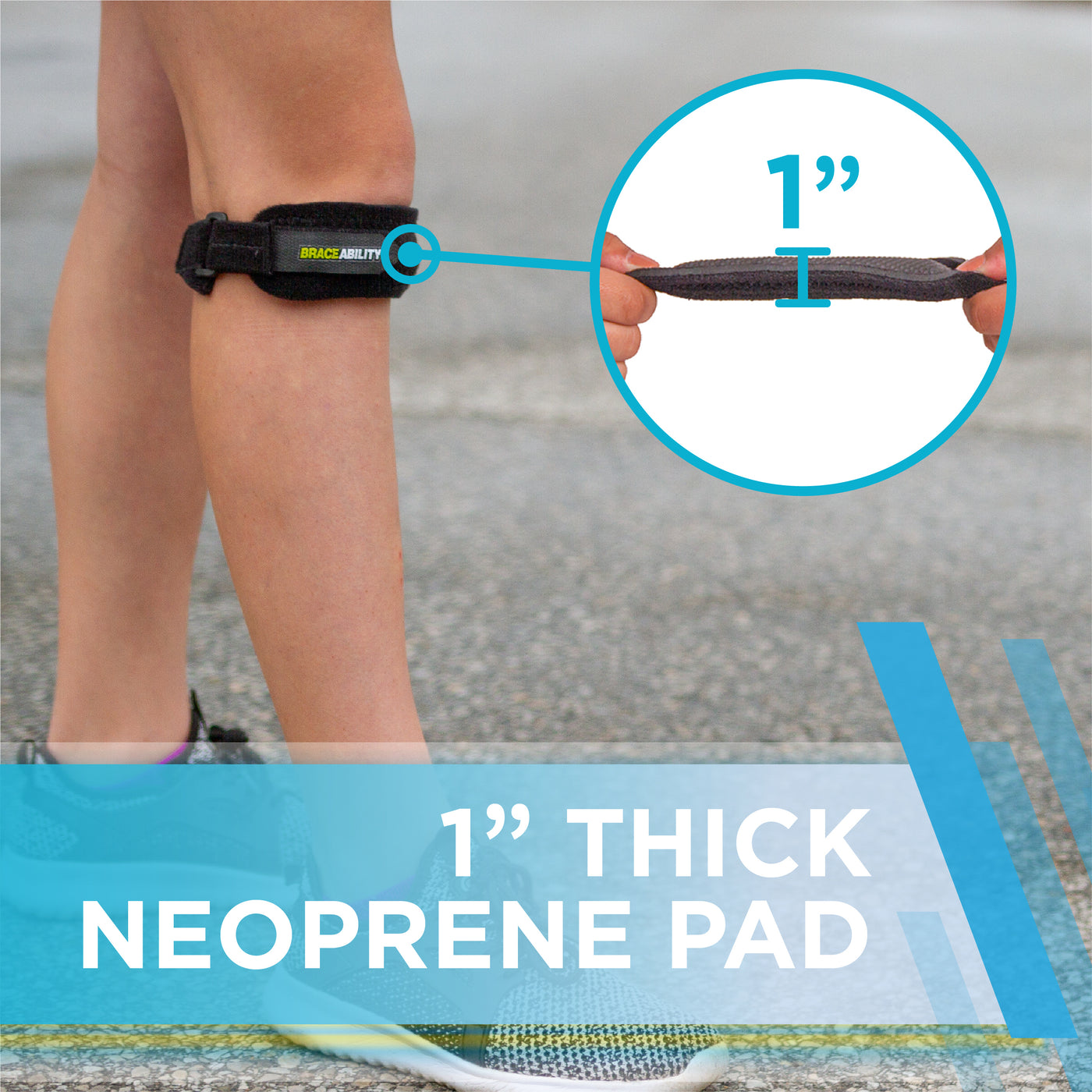 the one inch thick pad applies pressure to the bump on a kids knee to prevent knee pain