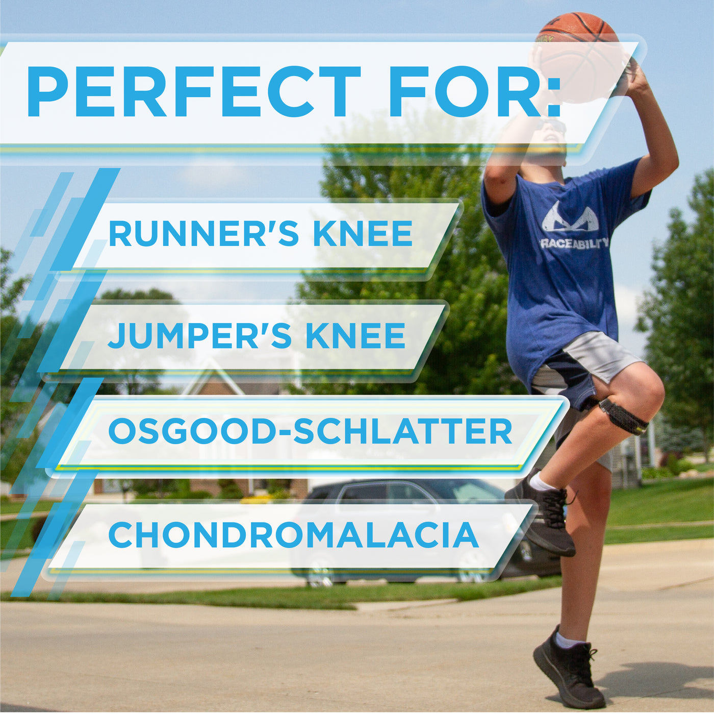 The runners knee brace for kids can also be used to prevent pain from jumper's knee, osgood-shclatters disease, and chondromalacia