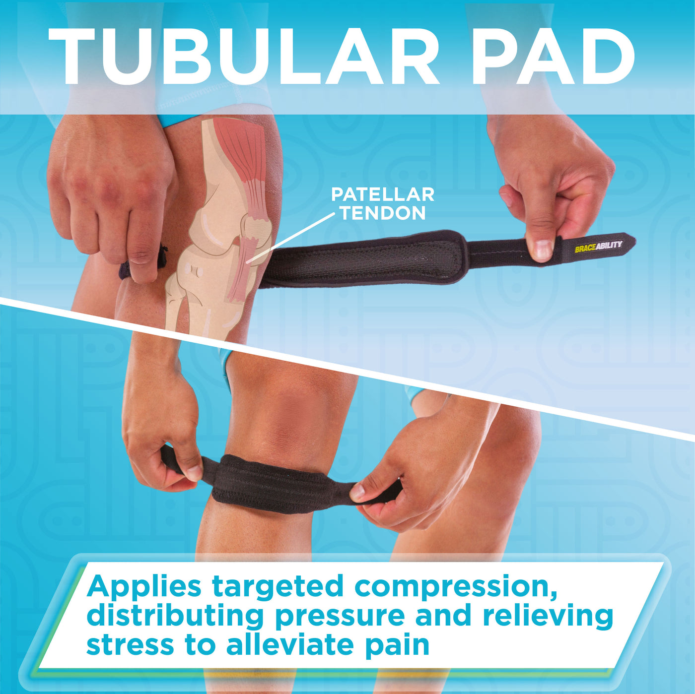Tubular pad on the osgood-schlatter knee band applies targeted compression to the knee, distributing pressure and relieving stress to alleviate pain