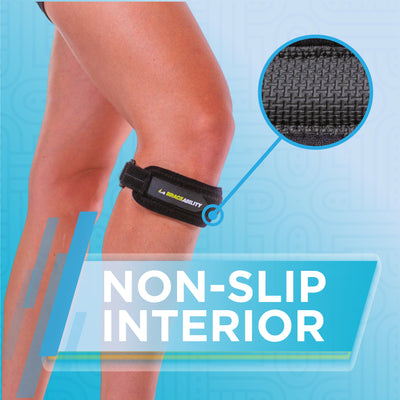 Non-slip interior on the runner's knee brace prevents the support strap from sliding down leg when running