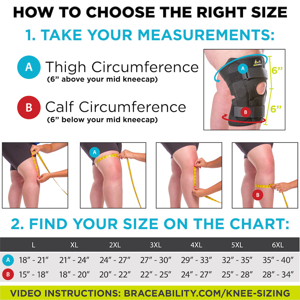 Sizing chart for plus size knee brace. Available in sizes L-6XL.