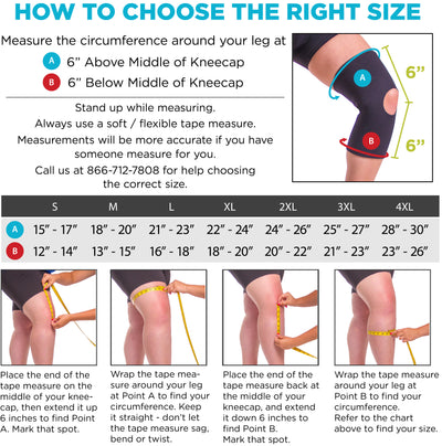 Sizing chart for neoprene knee sleeve. Available in sizes S-4XL.